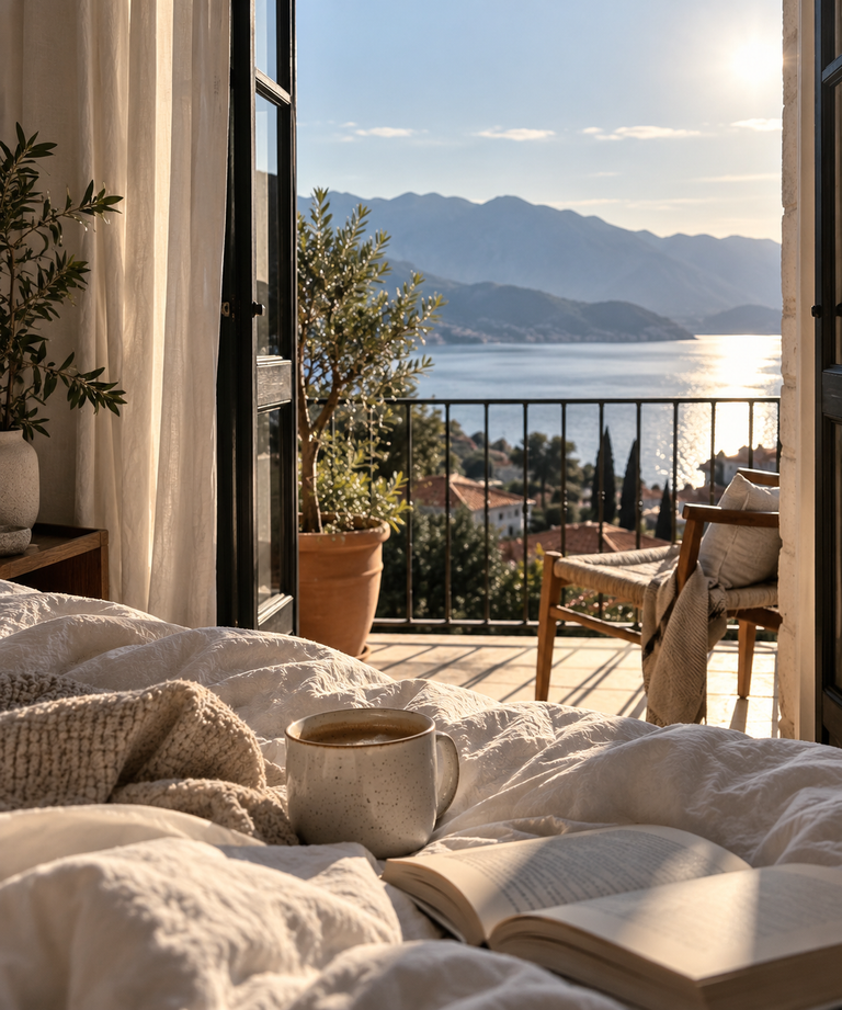 Slow weekend morning with coffee and a book overlooking the sea