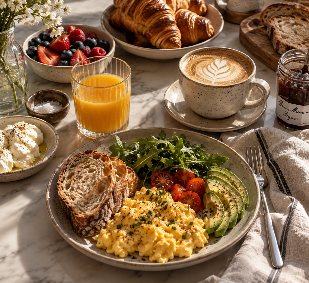 Slow weekend breakfast with scrambled eggs, avocado, fresh berries, croissants and coffee