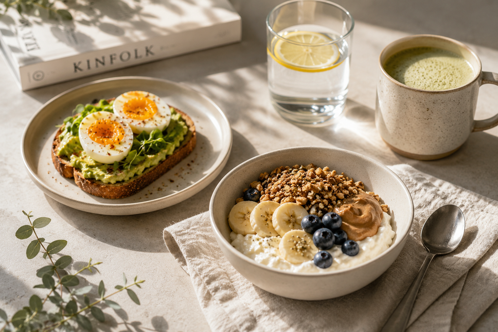 High-protein breakfast with eggs, avocado toast and yogurt bowl