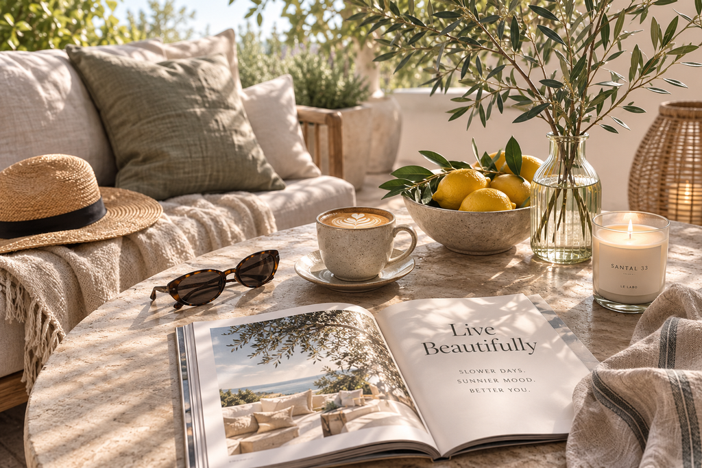 Slow weekend ritual with coffee, journal and olive branches