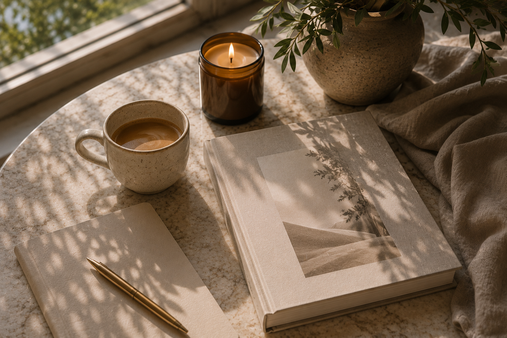 Sunlit coffee, journal and candle for a calm morning ritual