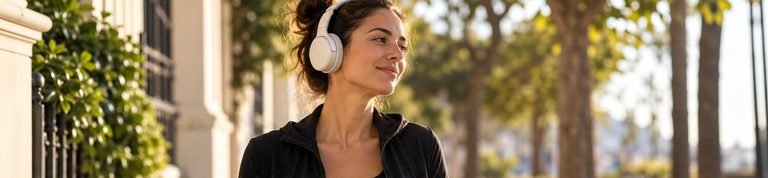 Woman listening to a podcast during a morning walk